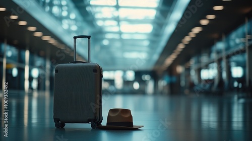 Suitcase and hat abandoned on airport floor, ideal for travel or adventure themes