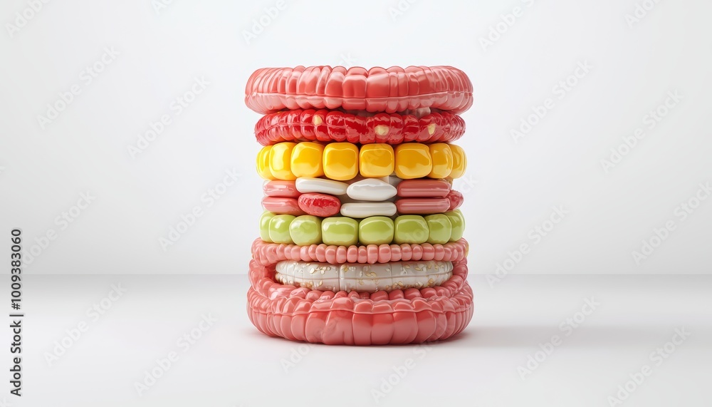 A cross-sectional view of the large intestine in 3D, showing the internal layers of the intestinal walls and how food is processed through the digestive tract. A cross-sectional view of the large intestine in 3D, showing the internal layers of the intestinal walls and how food is processed through the digestive tract.
