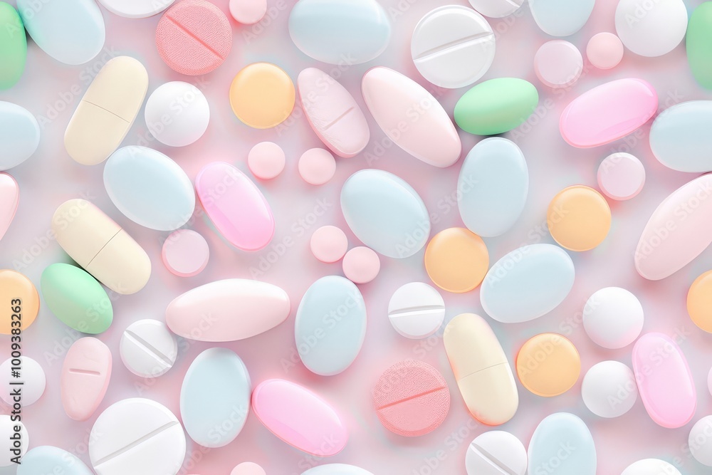 Pastel-colored pills and capsules on a light background, ideal for medical and health-related concepts. Pastel-colored pills and capsules on a light background, ideal for medical and health-related concepts.