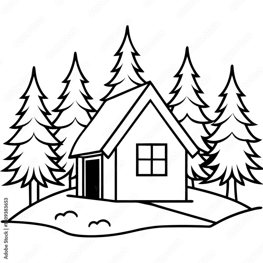 Fototapeta premium a house in the winter forest outline coloring book page line art drawing