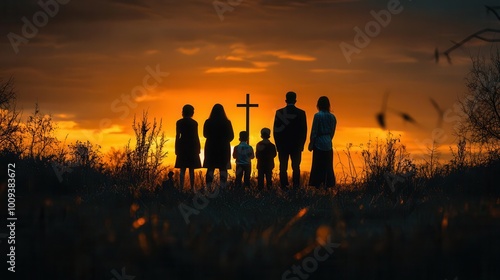 silhouetted family gathered in prayer around a cross symbolizing unity and spirituality during a solemn occasion evoking heartfelt emotions