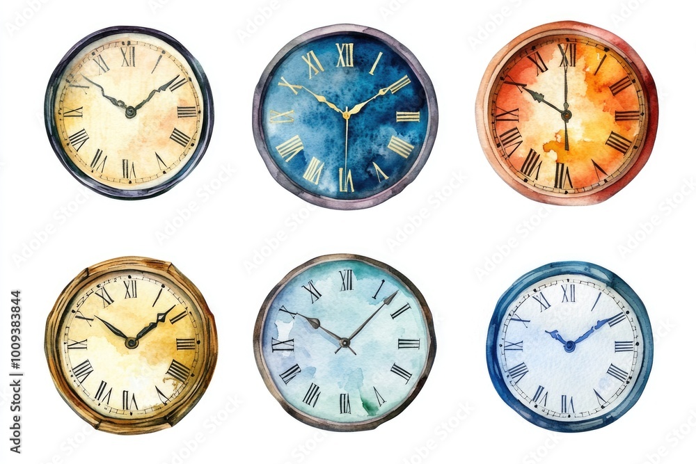 Four colorful clocks with roman numerals on analog faces Four colorful clocks with roman numerals on analog faces
