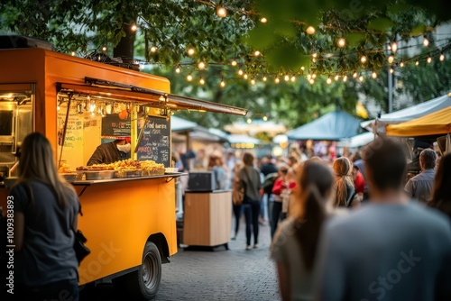 Lively street food festival with an orange food truck, string lights, and a bustling crowd