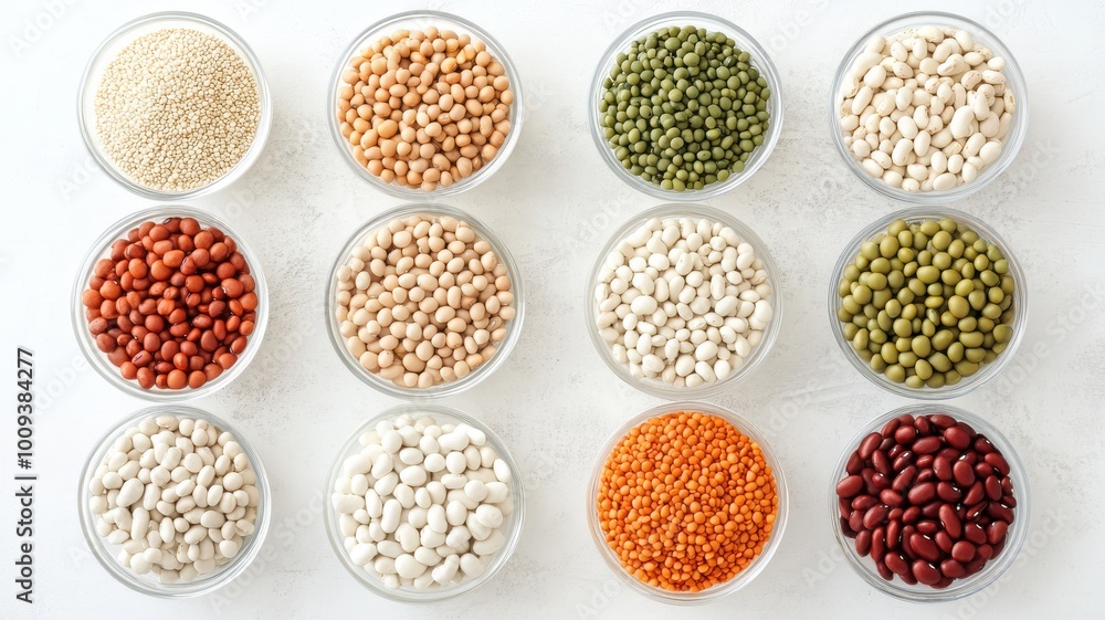 Fototapeta premium A row of bowls filled with various types of beans and other legumes