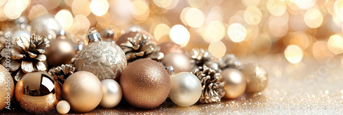 A beautiful arrangement of gold and silver Christmas ornaments and pinecones on a sparkling background, perfect for capturing the festive spirit of the holidays.