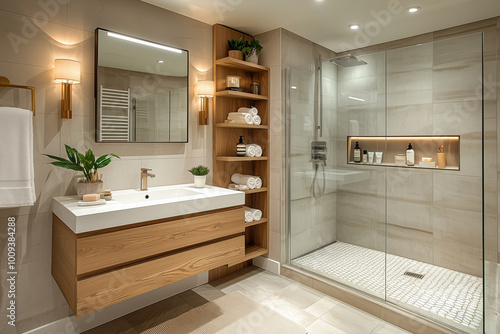 Minimalist bathroom with floating vanity and sleek white basin