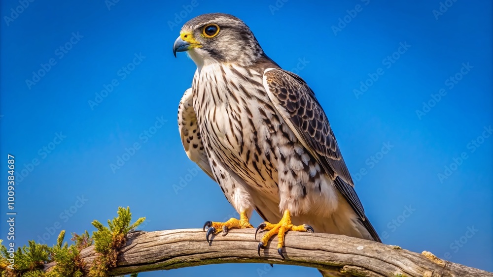 Majestic Saker Falcon Perched on a Branch in Natural Habitat with Clear Blue Sky Background Majestic Saker Falcon Perched on a Branch in Natural Habitat with Clear Blue Sky Background
