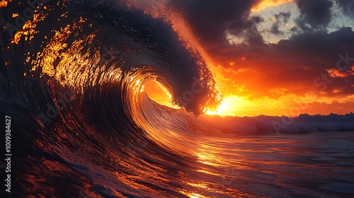 A large wave breaks in the ocean at sunset. The wave is backlit by the setting sun, creating a fiery orange glow.