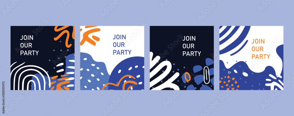 A set of abstract creative artistic templates featuring bold colors, modern shapes, and clean layouts, ideal for universal cover designs in annual reports, brochures, flyers, presentations.