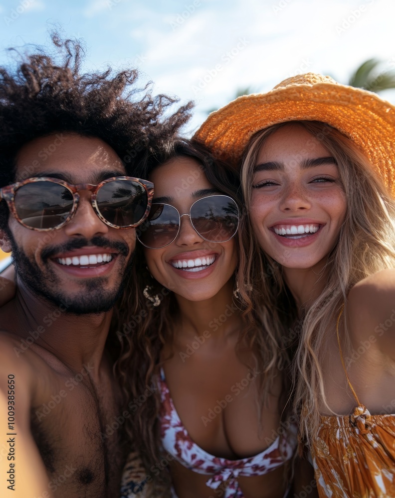 Multi ethnic friends taking a selfie near the car, Generative AI Multi ethnic friends taking a selfie near the car, Generative AI