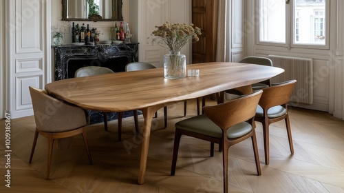 Elegant dining room interior with stylish decor and wooden furniture