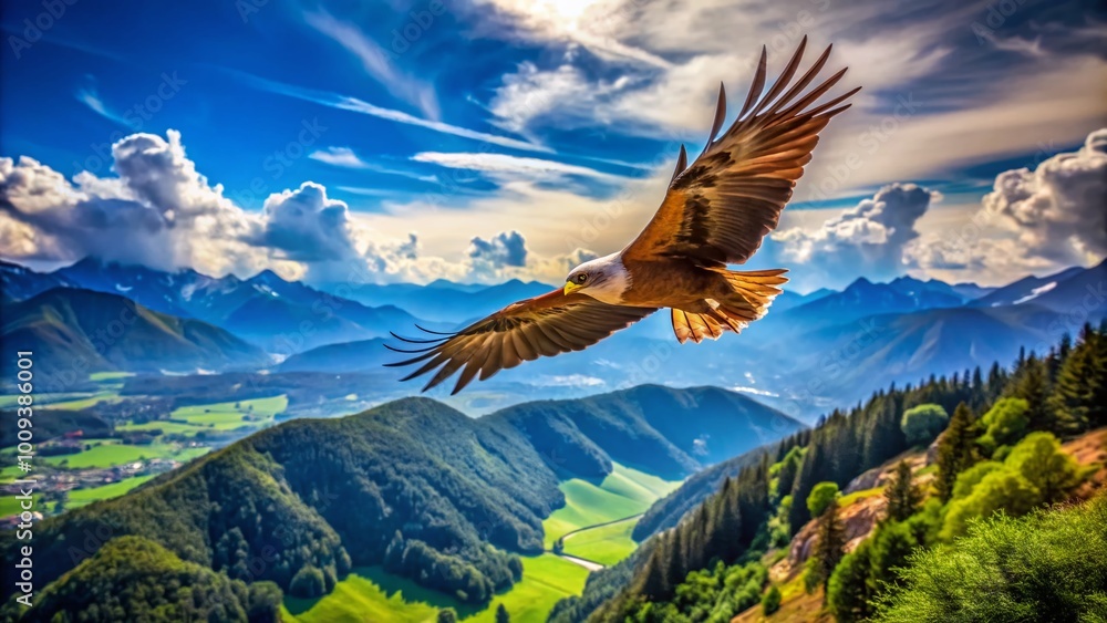 Naklejka premium Majestic Sopilote Soaring Through a Clear Blue Sky Over Lush Green Landscapes and Mountains