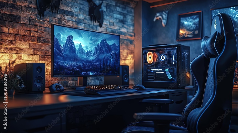Obraz premium A modern gaming setup featuring a sleek computer, vibrant monitor, and comfortable chair, ideal for immersive gameplay.