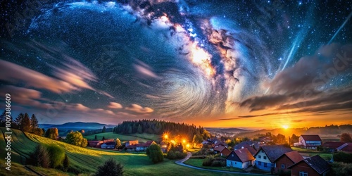 Majestic Starry Night Sky Over a Peaceful Village with Swirling Clouds and Bright Stars Illuminating