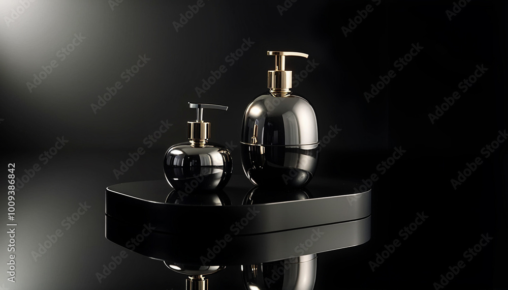 Elegant Product Showcase with Metallic Reflections on Glossy Black Surface Elegant Product Showcase with Metallic Reflections on Glossy Black Surface