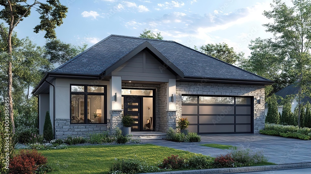 Modern house exterior with stylish design, featuring stone accents and a welcoming entrance surrounded by lush greenery. Modern house exterior with stylish design, featuring stone accents and a welcoming entrance surrounded by lush greenery.