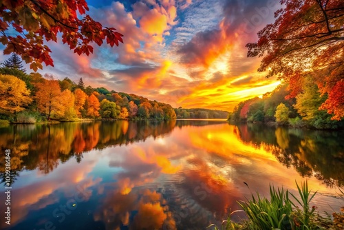 Majestic sunset over tranquil lake surrounded by vibrant autumn foliage in serene natural landscape