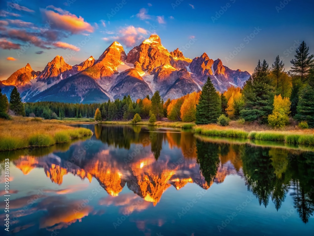 Fototapeta premium Majestic Teton Mountains at Sunrise Reflected in Serene Lake Under Clear Blue Sky in Wyoming
