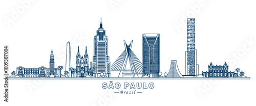Sao Paulo city landmarks buildings line art vector design, Brazil