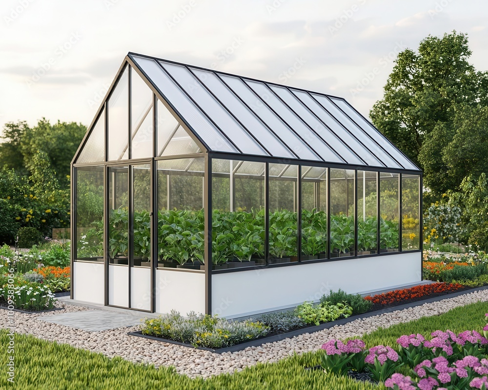 Obraz premium Exterior view of a modern greenhouse with glass walls and solar panels, innovative farming design