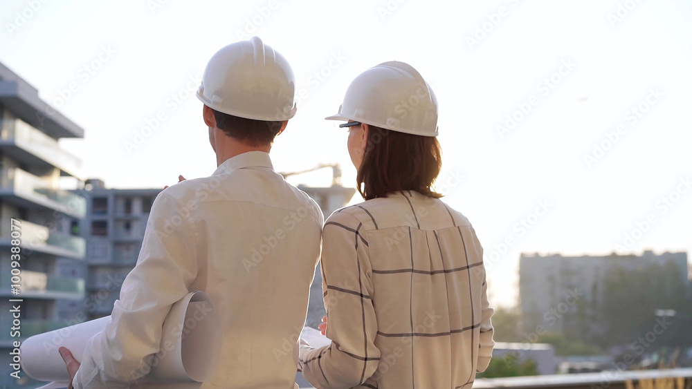 Two architects colleagues, wearing safety helmets and glasses, are examining blueprints at a construction site during sunrise or sunset, back view. Architecture and engineering Two architects colleagues, wearing safety helmets and glasses, are examining blueprints at a construction site during sunrise or sunset, back view. Architecture and engineering
