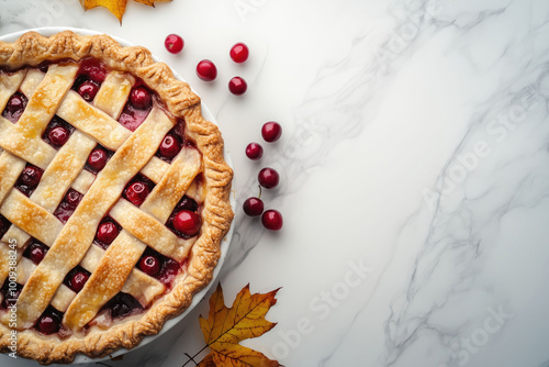 Close up of cherry pie on a white marble background with autumn berries and copy space. Festive thanksgiving dessert concept. photo