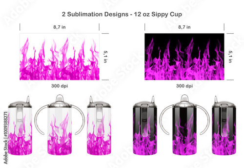 Set of 2 fire patterns on white and black background. Sublimation templates for 12 oz Kids Sippy Cup. Seamless from edge to edge. Full cup wrap. photo