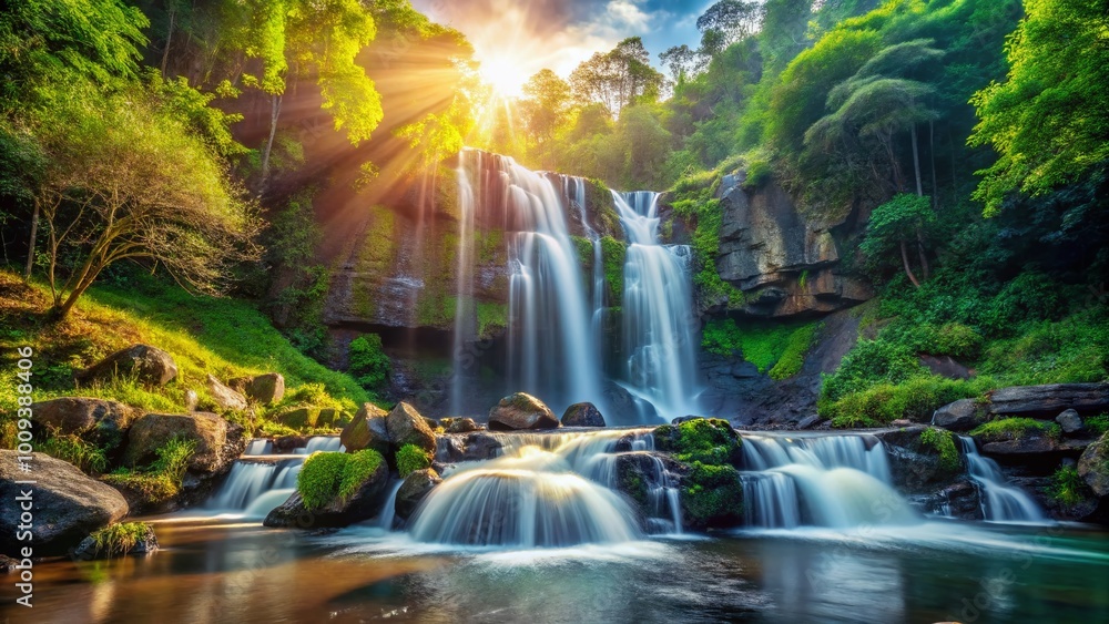 Majestic waterfall cascading over rocks in a serene forest surrounded by lush greenery and sunlight Majestic waterfall cascading over rocks in a serene forest surrounded by lush greenery and sunlight