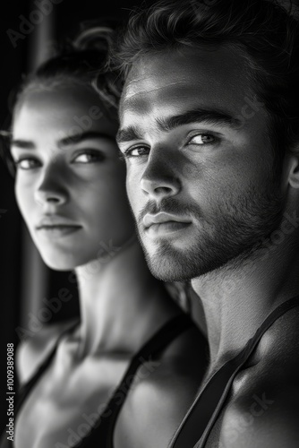 Monochrome portrait of fit couple, Generative AI
