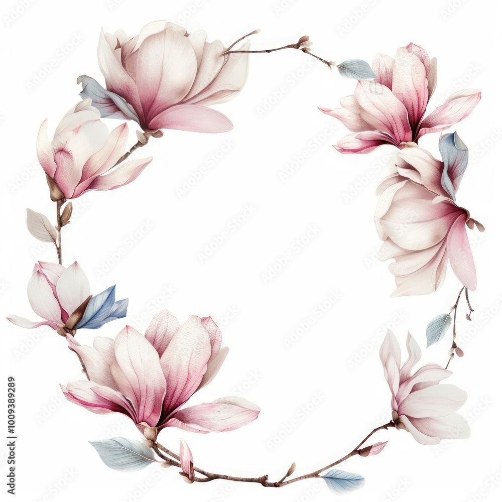 Fototapeta premium Magnolia cercle border blossom flower wreath.
