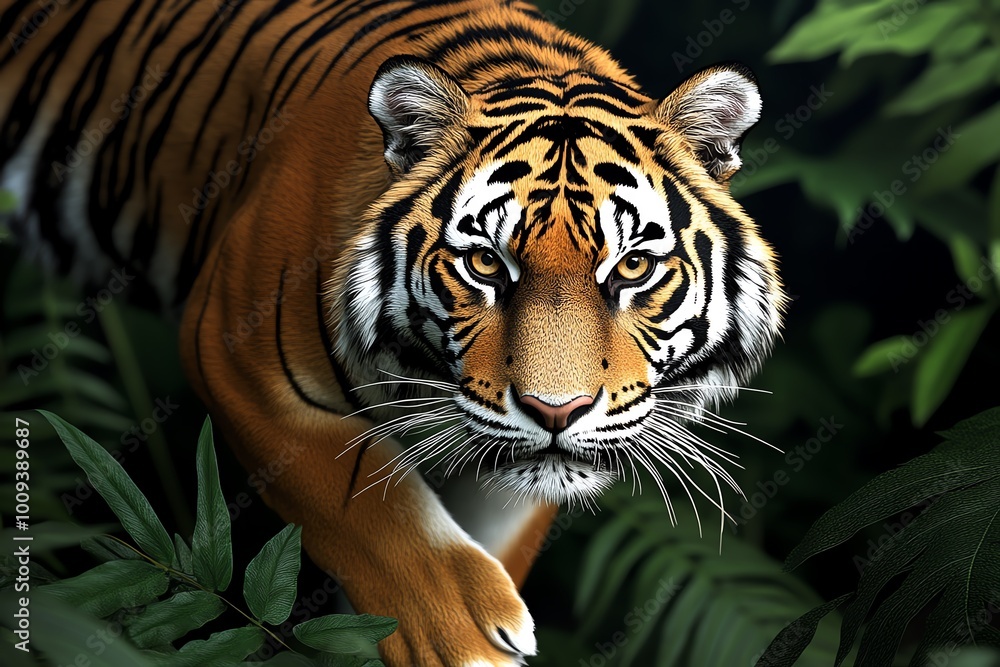 A hyper-detailed view of a tiger prowling through a jungle, with every stripe and muscle in its body captured in lifelike precision as it moves through the dense forest A hyper-detailed view of a tiger prowling through a jungle, with every stripe and muscle in its body captured in lifelike precision as it moves through the dense forest