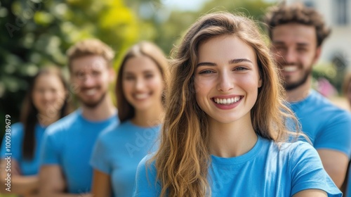 Happy Volunteers Smiling Together in Outdoor Setting