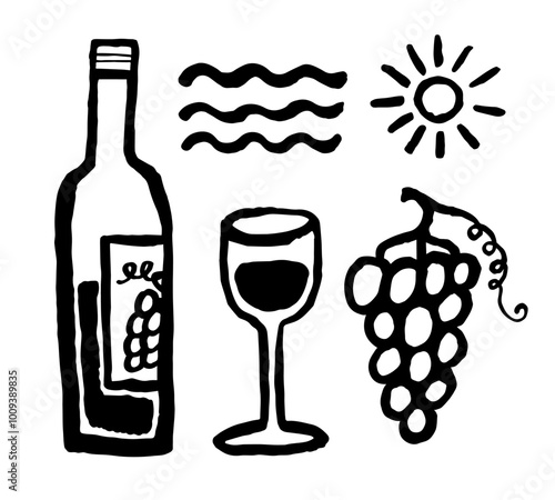Hand drawn wine set. Bold line vector illustration doodle style isolated on white background.