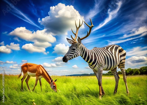 Majestic Zebra and Deer Grazing Together in Lush Greenery Under Bright Blue Sky in Nature Reserve