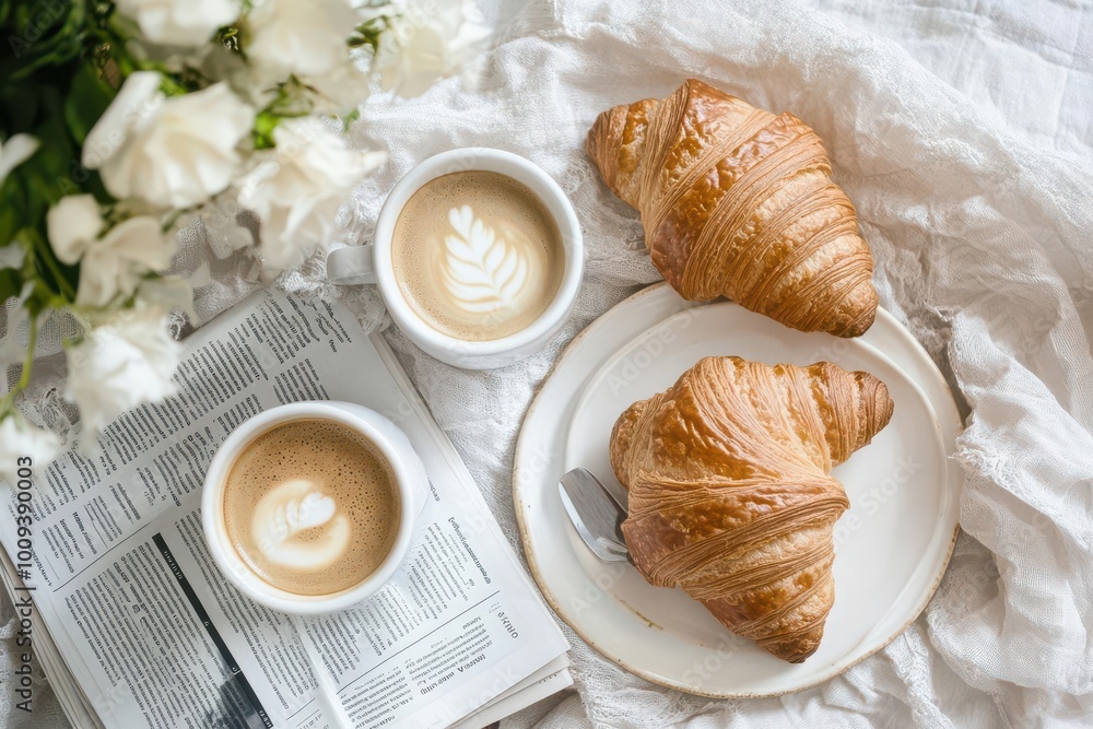 A cozy breakfast scene with croissants and coffee on a soft linen backdrop. A cozy breakfast scene with croissants and coffee on a soft linen backdrop.
