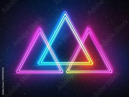 Vibrant Floating Neon Triangles in Motion Creating Depth and Glow in Dark Space