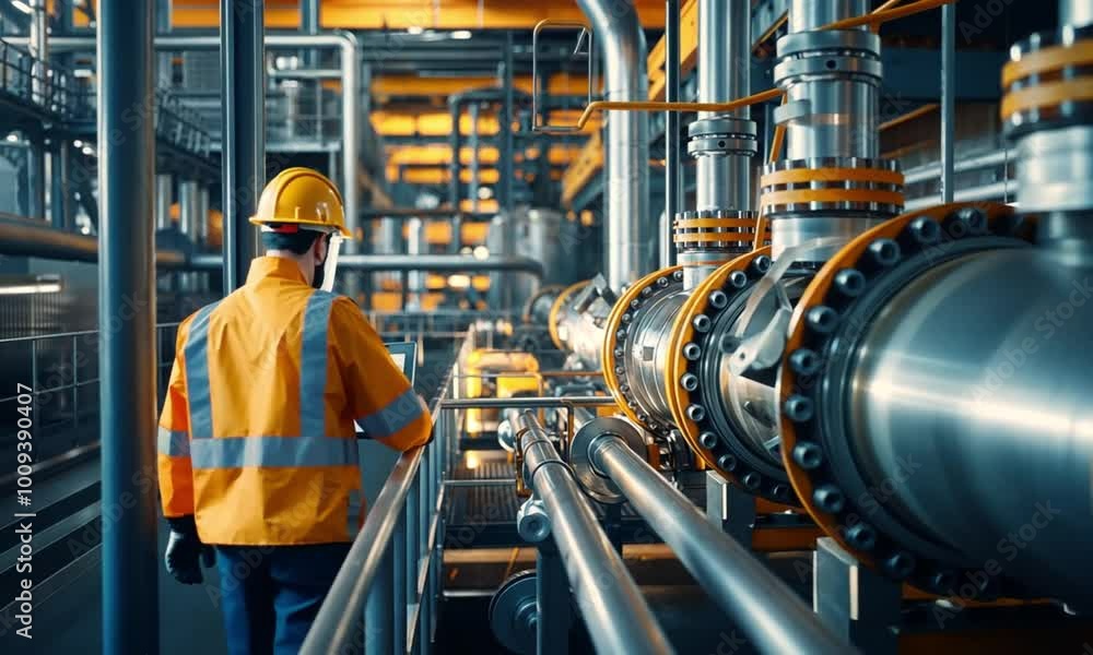 Industrial engineer in a safety helmet and vest is working in a high-tech factory, surrounded by large machinery and pipes. The modern facility is brightly lit, emphasizing technology, industry Industrial engineer in a safety helmet and vest is working in a high-tech factory, surrounded by large machinery and pipes. The modern facility is brightly lit, emphasizing technology, industry