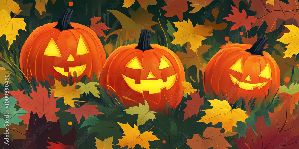 A Halloween pumpkin patch with glowing orange pumpkins, surrounded by autumnal leaves in hues of yellow, green, and red. A Halloween pumpkin patch with glowing orange pumpkins, surrounded by autumnal leaves in hues of yellow, green, and red.