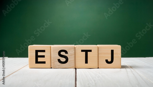 Wooden cubes with abbreviation ESTJ. Extraverted, Sensing, Thinking, Judging. Personality type. photo