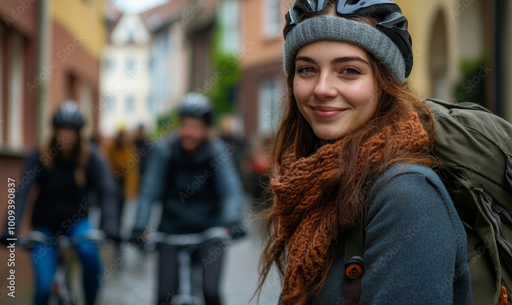 Woman with friends on city tour with bike, Generative AI Woman with friends on city tour with bike, Generative AI