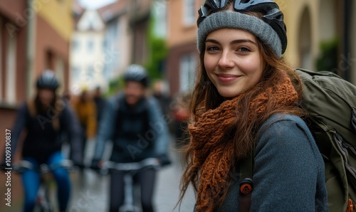 Woman with friends on city tour with bike, Generative AI