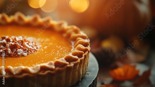 Close-up of a pumpkin pie on a table, with a blurred background featuring autumn decorations and warm side lighting, banner with copy space. Thanksgiving dessert concept.