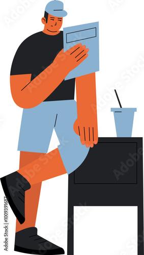 Young man read. Addictive literature. Page turner book