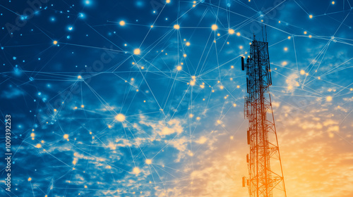 Sunset over a communication tower with a blue sky and clouds, showcasing technology and the beauty of evening light photo