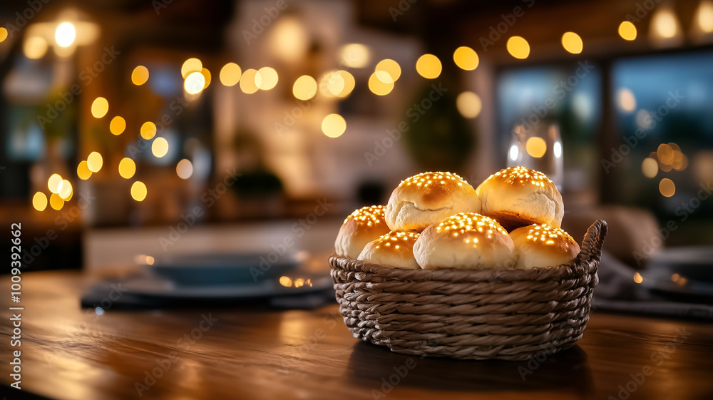 Freshly baked bread rolls in woven basket create warm and inviting atmosphere, perfect for gatherings and cozy meals. soft lighting enhances rustic charm of kitchen Freshly baked bread rolls in woven basket create warm and inviting atmosphere, perfect for gatherings and cozy meals. soft lighting enhances rustic charm of kitchen