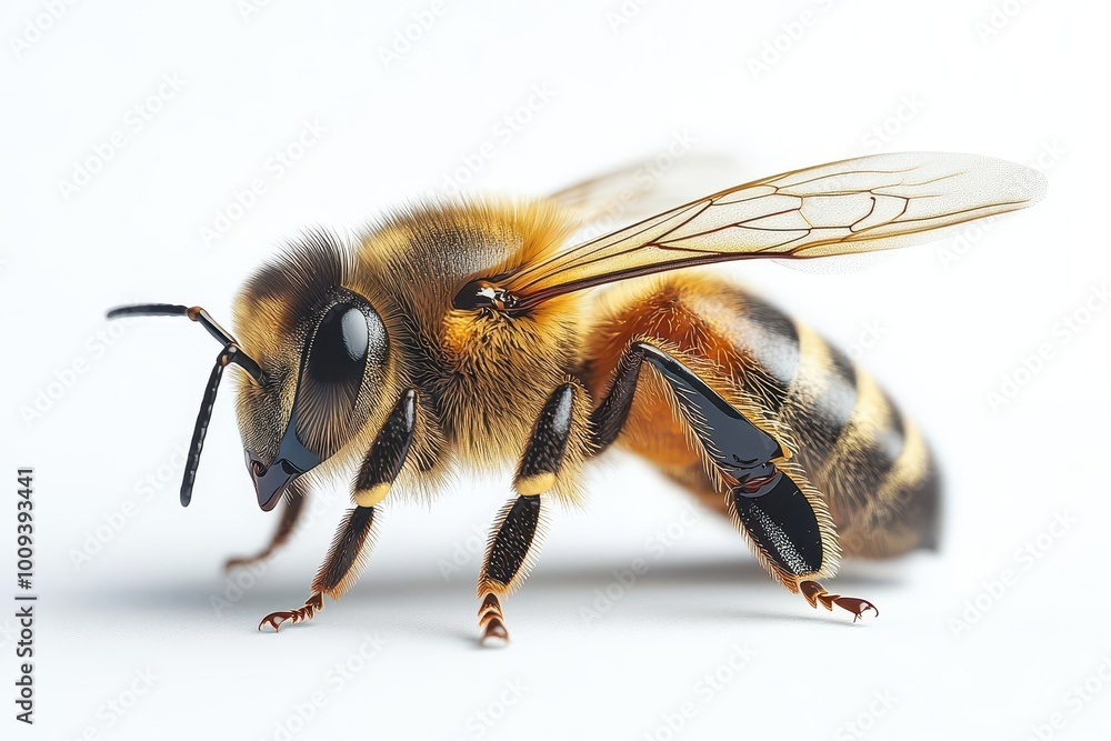 a solitary honey bee highly detailed in focus isolated on a pure white background showcasing the delicate features of its wings and body emphasizing natures intricate design a solitary honey bee highly detailed in focus isolated on a pure white background showcasing the delicate features of its wings and body emphasizing natures intricate design
