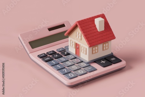 Calculator with miniature house, concept of investment, real estate and mortgage.