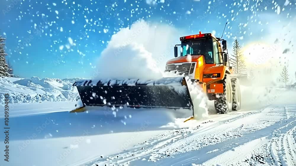 Snow Plow Clearing Winter Road Under Bright Sunlight