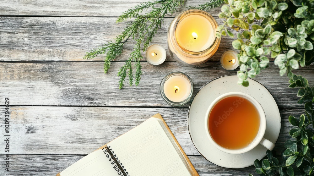 A cozy scene featuring tea, candles, and greenery for relaxation and mindfulness. A cozy scene featuring tea, candles, and greenery for relaxation and mindfulness.
