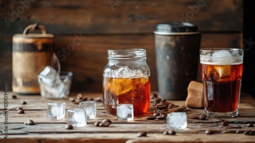 Artistic shot of a cold brew coffee setup, with glass jars of steeping coffee, ice cubes, and a tumbler, placed on a rustic wooden surface.